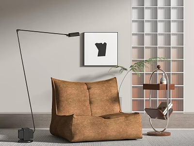 Brown Comfy Lazy Sofa Modern Interior Design With Floor Lamp Wall Art And Potted Plant 3d model