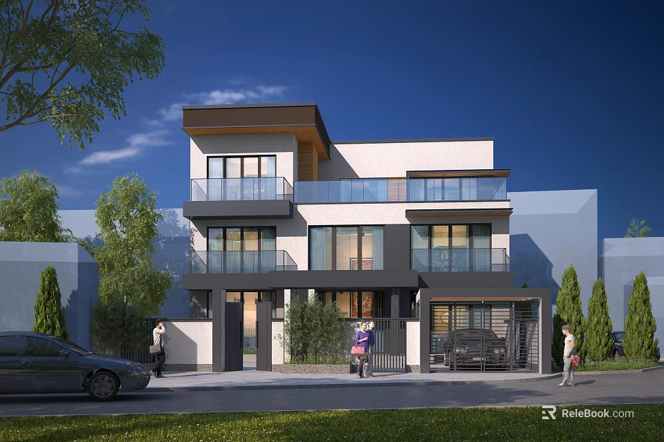 Modern Detached Villa Exterior With Balconies Glass Windows Driveway And Greenery 3d model 