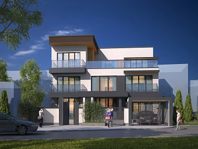 Modern Detached Villa Exterior With Balconies Glass Windows Driveway And Greenery 3d model