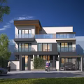 Modern Detached Villa Exterior With Balconies Glass Windows Driveway And Greenery
