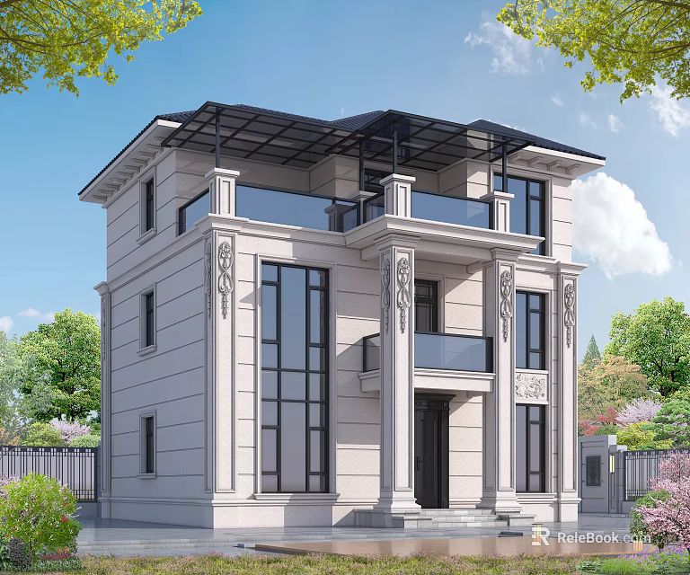 Elegant Detached Villa With Large Windows Balcony Columns Surrounded By Green Plants And Blue Sky 3d model 