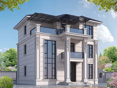 Elegant Detached Villa With Large Windows Balcony Columns Surrounded By Green Plants And Blue Sky 3d model