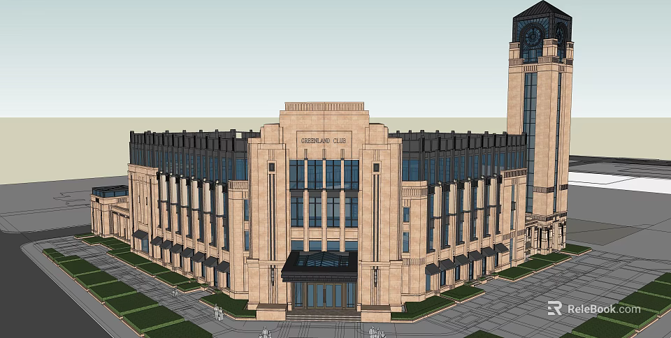 Classical Style Hotel Building With Clock Tower And Symmetrical Facade Design 3d model