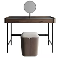 Modern Minimalist Dressing Table With Wooden Top Black Metal Frame Round Mirror And Upholstered Stool