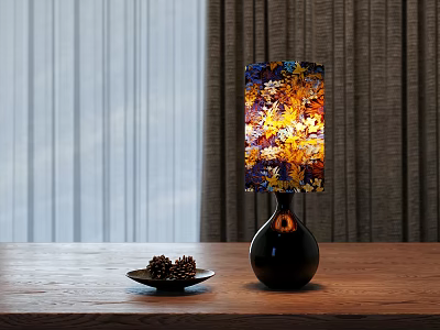 Black Base Table Lamp With Autumn Leaves Pattern Shade On Wooden Table With Pinecones 3d model