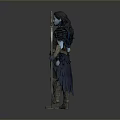 Blue Skinned Mythical Woman in Feathered Armor Holding Spear and Scimitar