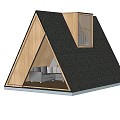 Wooden House With Triangular Roof Dormer Window And Interior Sofa By Sunset Water Surface