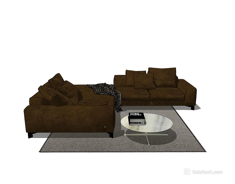Brown Sectional Sofa with Plush Cushions Round Coffee Table and Gray Rug 3d model