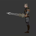 Ornate 3D Warrior Character Wearing Detailed Armor Holding Decorative Sword With Red Gold Accents