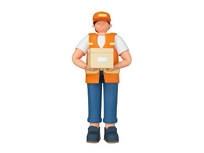 Cartoon Style Game Movie Character Wearing Orange Vest Holding Brown Package 3d model