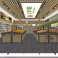 Bright Fruit Store Interior with Wooden Decor and Various Fresh Fruits on Display Counters