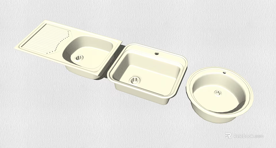 White Ceramic Kitchen Sinks With Various Shapes And Drainer Design 3d model