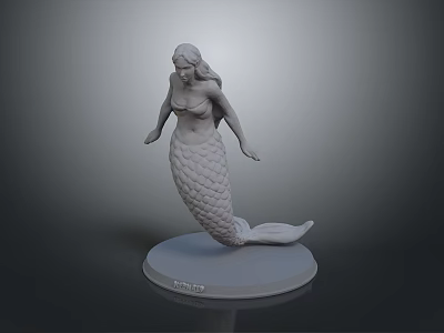3D Mermaid Statue Figure With Detailed Tail Standing On Circular Base 3d model