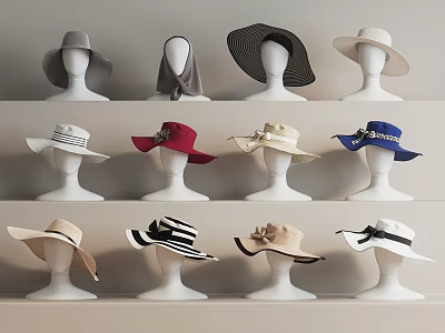 Various Style Wide Brim Different Color Hats Displayed On White Mannequins Shelves 3d model