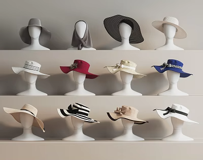 Various Style Wide Brim Different Color Hats Displayed On White Mannequins Shelves 3d model