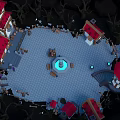 Small Red Roofed Buildings Surround Circular Square With Central Blue Glowing Fountain
