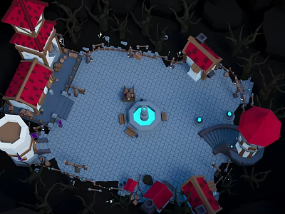 Small Red Roofed Buildings Surround Circular Square With Central Blue Glowing Fountain 3d model