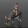 Boy Riding Ox Blowing Flute While Ox Grazing On Green Grass