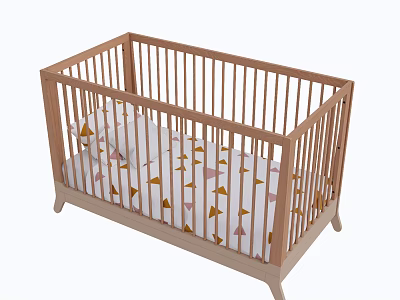 Light Wooden Baby Crib With Slatted Sides And Triangle Pattern Bedding 3d model
