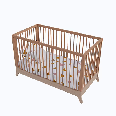 Light Wooden Baby Crib With Slatted Sides And Triangle Pattern Bedding 3d model