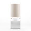 Modern Table Lamp Featuring White and Brown Leather Shades and Clear Glass Base