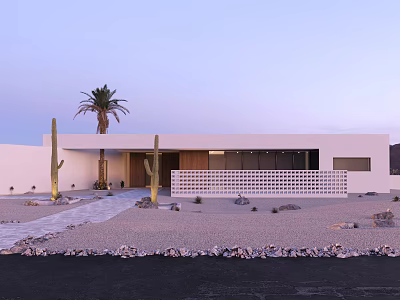 Modern White Building Storefront Facade With Palm Tree Cacti Gravel Pathway And White Lattice Fence 3d model
