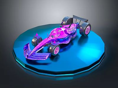 Purple F1 Race Car Model on Blue Circular Platform with Transparent Glossy Design 3d model