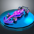 Purple F1 Race Car Model on Blue Circular Platform with Transparent Glossy Design