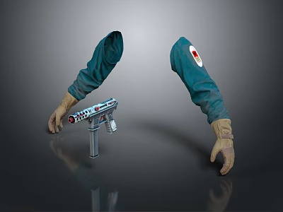 Silver Gun Weapon Displayed With Green Sleeves And Gloved Hands 3d model