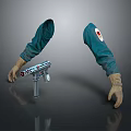 Silver Gun Weapon Displayed With Green Sleeves And Gloved Hands