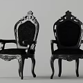 Two Ornate Accent Chairs with Dark Wooden Frame and Upholstered Seat Backrest