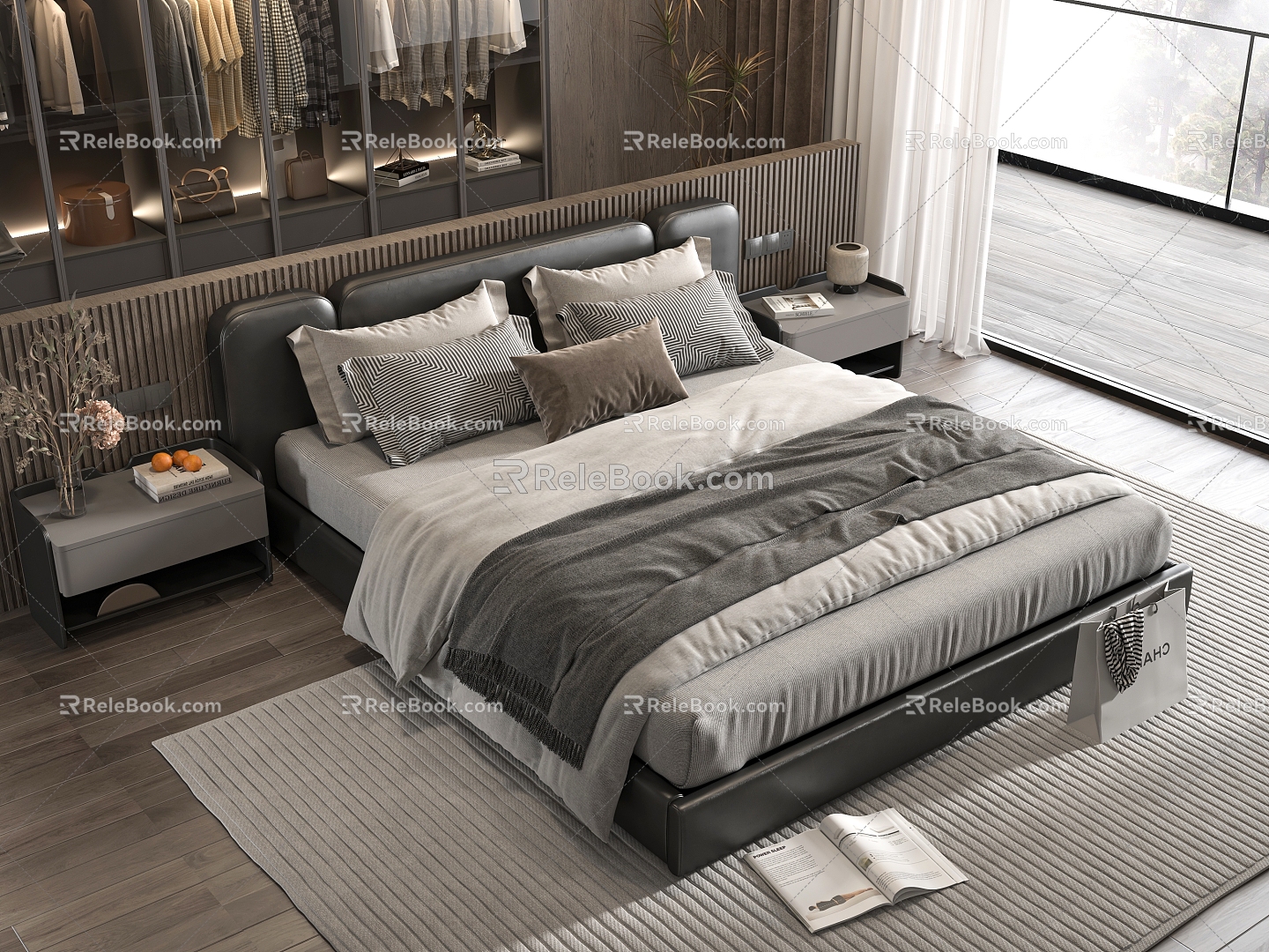 Minotti Double Bed Bedroom Cloakroom Nightstand 3d model