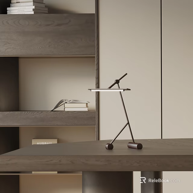 Sleek Modern Table Lamp With Metal Stand On Wooden Desk Next to Bookshelf With Books 3d model 