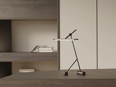 Sleek Modern Table Lamp With Metal Stand On Wooden Desk Next to Bookshelf With Books 3d model