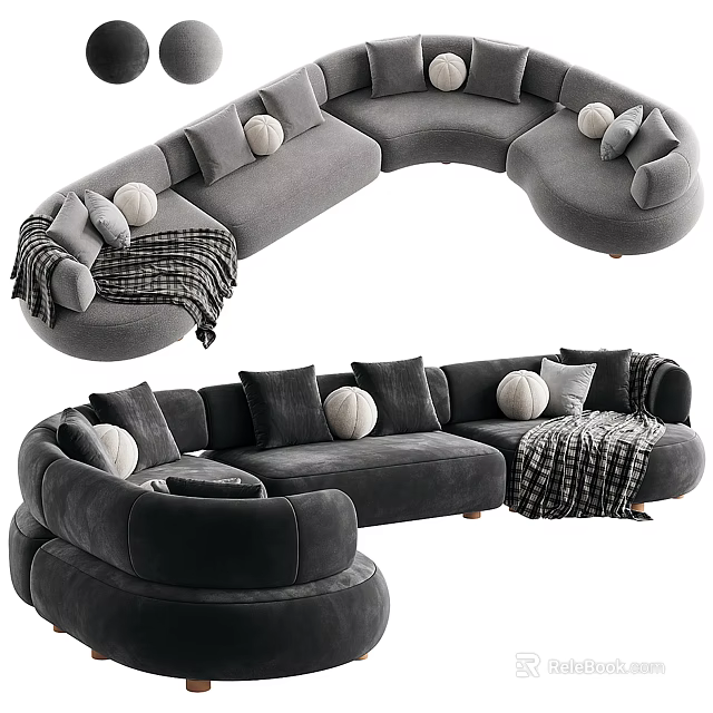 Gray Curved Large Sectional Sofa With Throw Pillows And Blanket 3d model