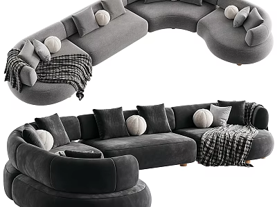Gray Curved Large Sectional Sofa With Throw Pillows And Blanket 3d model