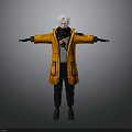 3D Character Model With White Hair Orange Coat And Outstretched Arms On Gray Background