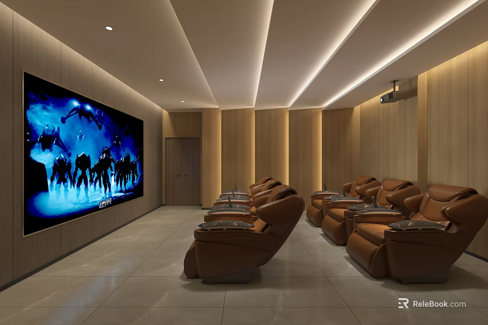 Modern Home Theater Design With Wooden Panel Walls Leather Recliner Seats And Large Projection Screen 3d model 
