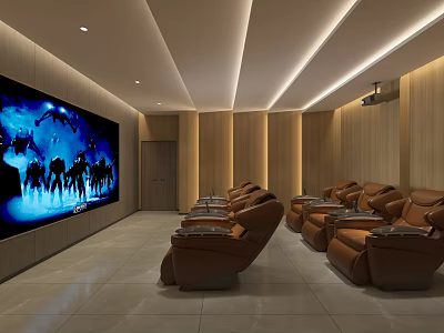 Modern Home Theater Design With Wooden Panel Walls Leather Recliner Seats And Large Projection Screen 3d model