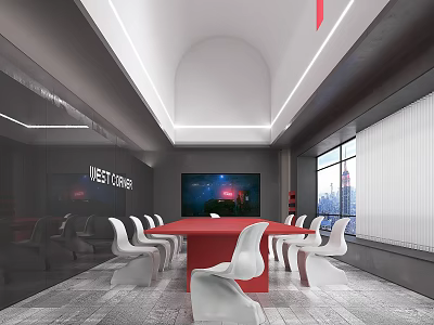 Modern Conference Room Interior With Red Table White Chairs Large Screen And City View 3d model