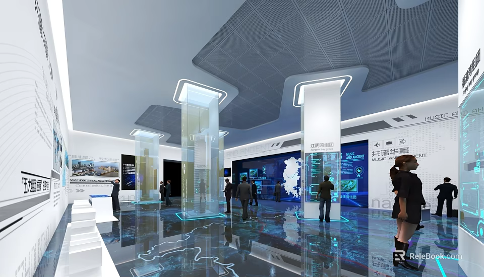 Modern Technology Exhibition Hall Featuring Glass Pillars Large Screens Blue Lighting And Visitors 3d model 