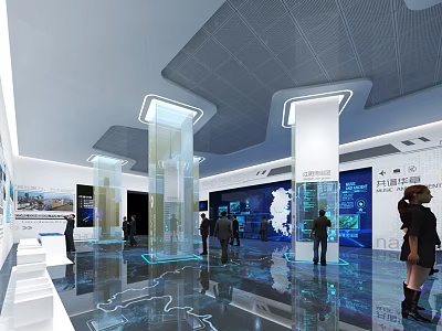 Modern Technology Exhibition Hall Featuring Glass Pillars Large Screens Blue Lighting And Visitors 3d model