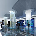 Modern Technology Exhibition Hall Featuring Glass Pillars Large Screens Blue Lighting And Visitors