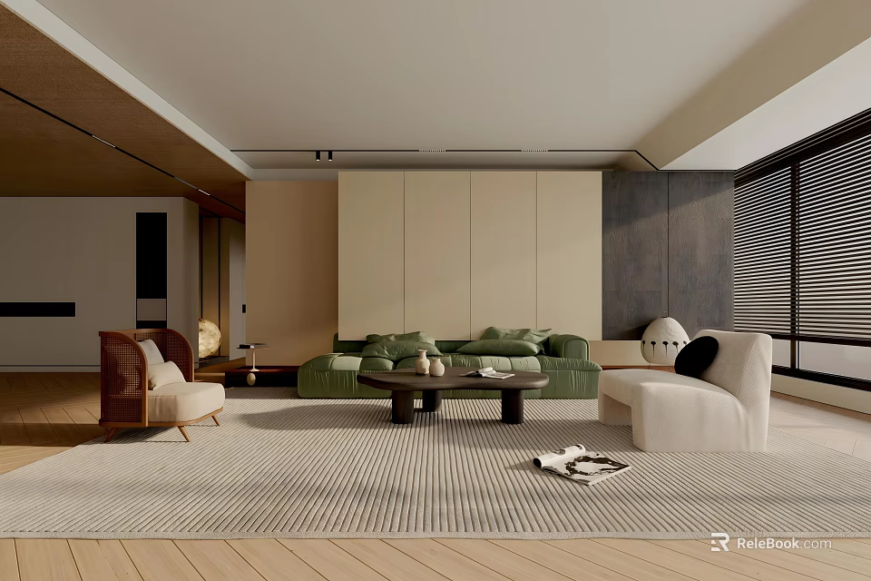Modern Living Room Interior with Green Sofa White Armchair Striped Rug Beige Walls Blinds 3d model 