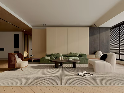 Modern Living Room Interior with Green Sofa White Armchair Striped Rug Beige Walls Blinds 3d model