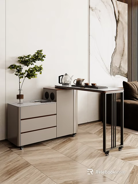 Elegant Modern Sideboard Cabinet With Green Plant Teapot Tray Drawers In Living Room 3d model 