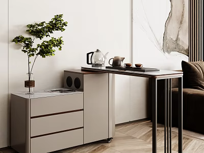 Elegant Modern Sideboard Cabinet With Green Plant Teapot Tray Drawers In Living Room 3d model