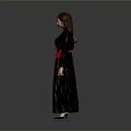 Woman In Black Coat And Red Dress With Red Belt Standing Against Gray Background