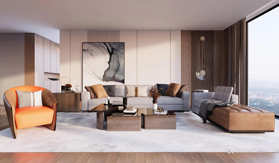 Modern Living Room Interior With Gray Sofa Wooden Coffee Table Rug And Art 3d model 