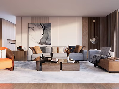 Modern Living Room Interior With Gray Sofa Wooden Coffee Table Rug And Art 3d model